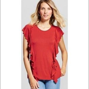 women ruffle seamed knit blouse black rust